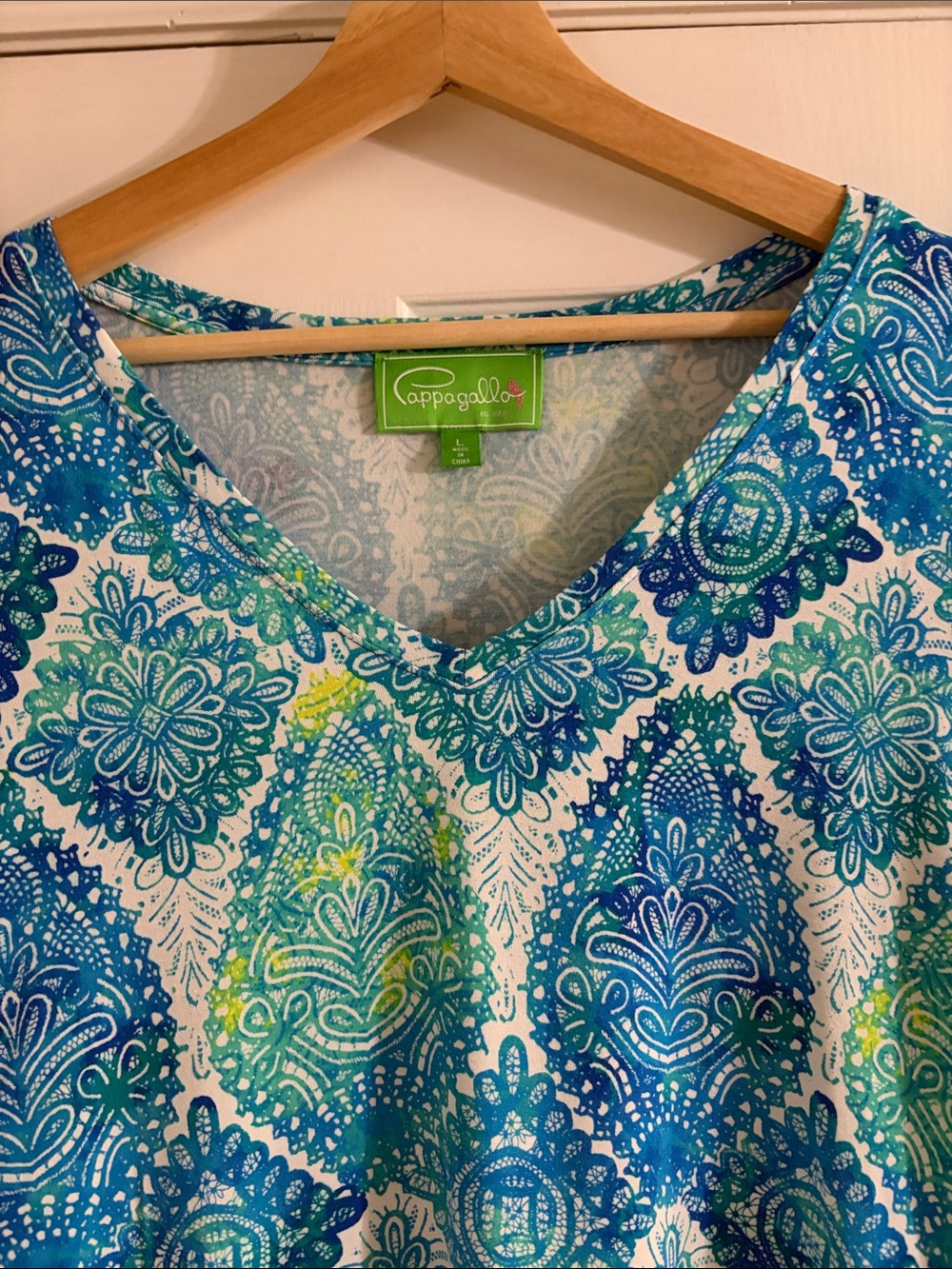 Pappagallo Blue and Green Tassel Trim Tunic Short Sleeve Shirt - Picture 7 of 8